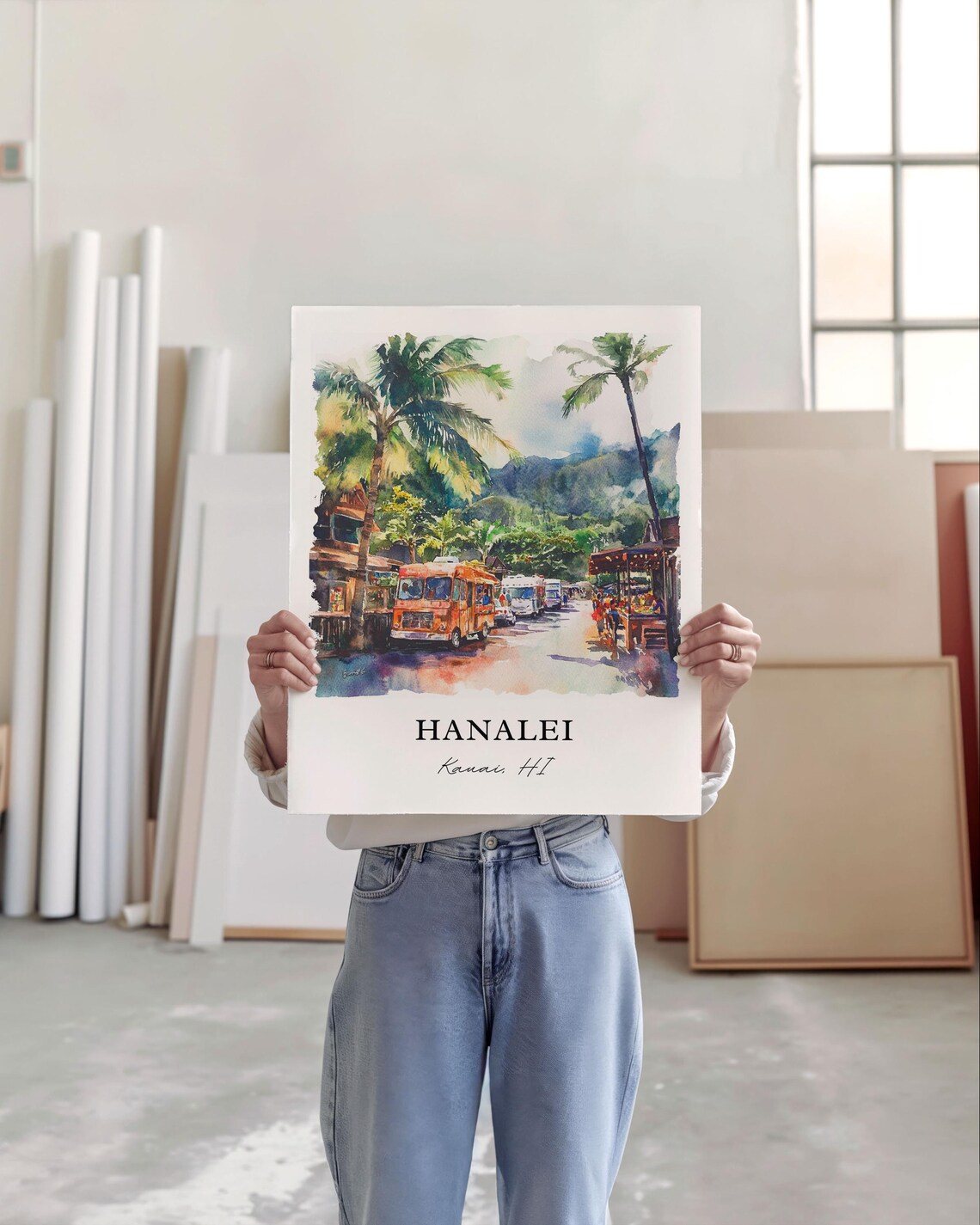 Hanalei Kauai Hawaii Palm Trees Street Watercolor Travel Poster - Image 4