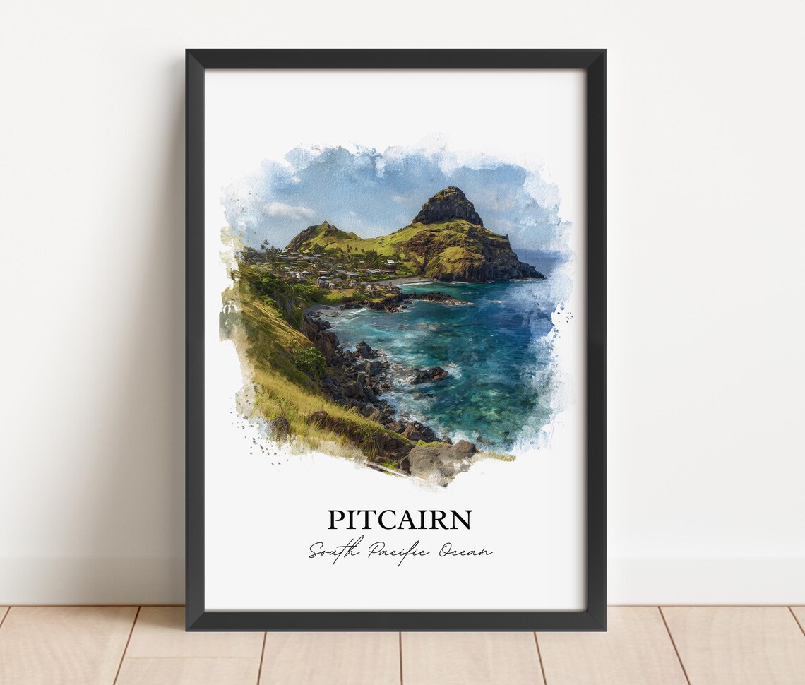 Pitcairn South Pacific Island Rocky Coast Watercolor Art Poster - Image 2