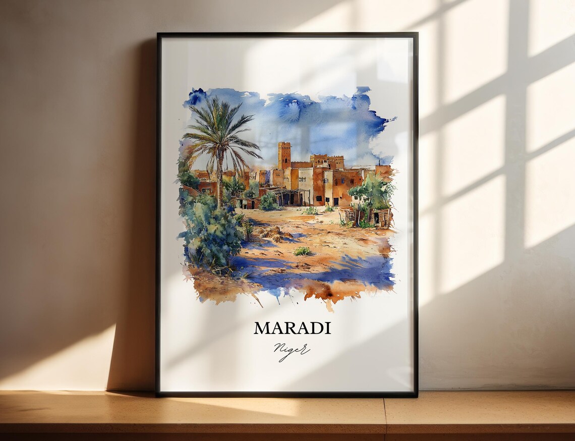 Maradi Niger Desert Town Palm Oasis Watercolor Scene Art Poster