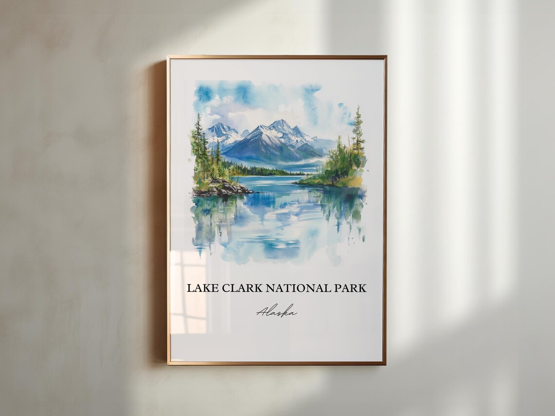 Lake Clark Alaska National Park Snowy Peaks Lake Watercolor Poster - Image 2