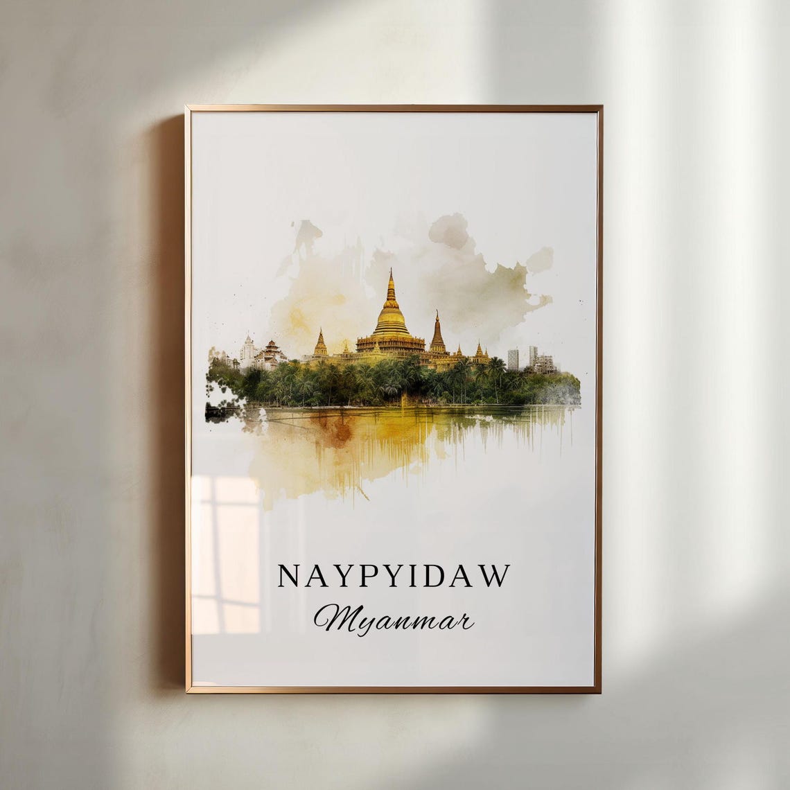 Naypyidaw Myanmar Watercolor Golden Pagoda Reflection Poster
