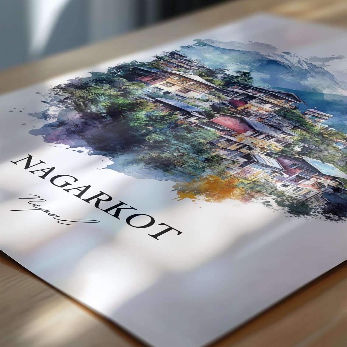 Nagarkot Nepal Watercolor Hill Village Snow Peaks Travel Poster - Image 7