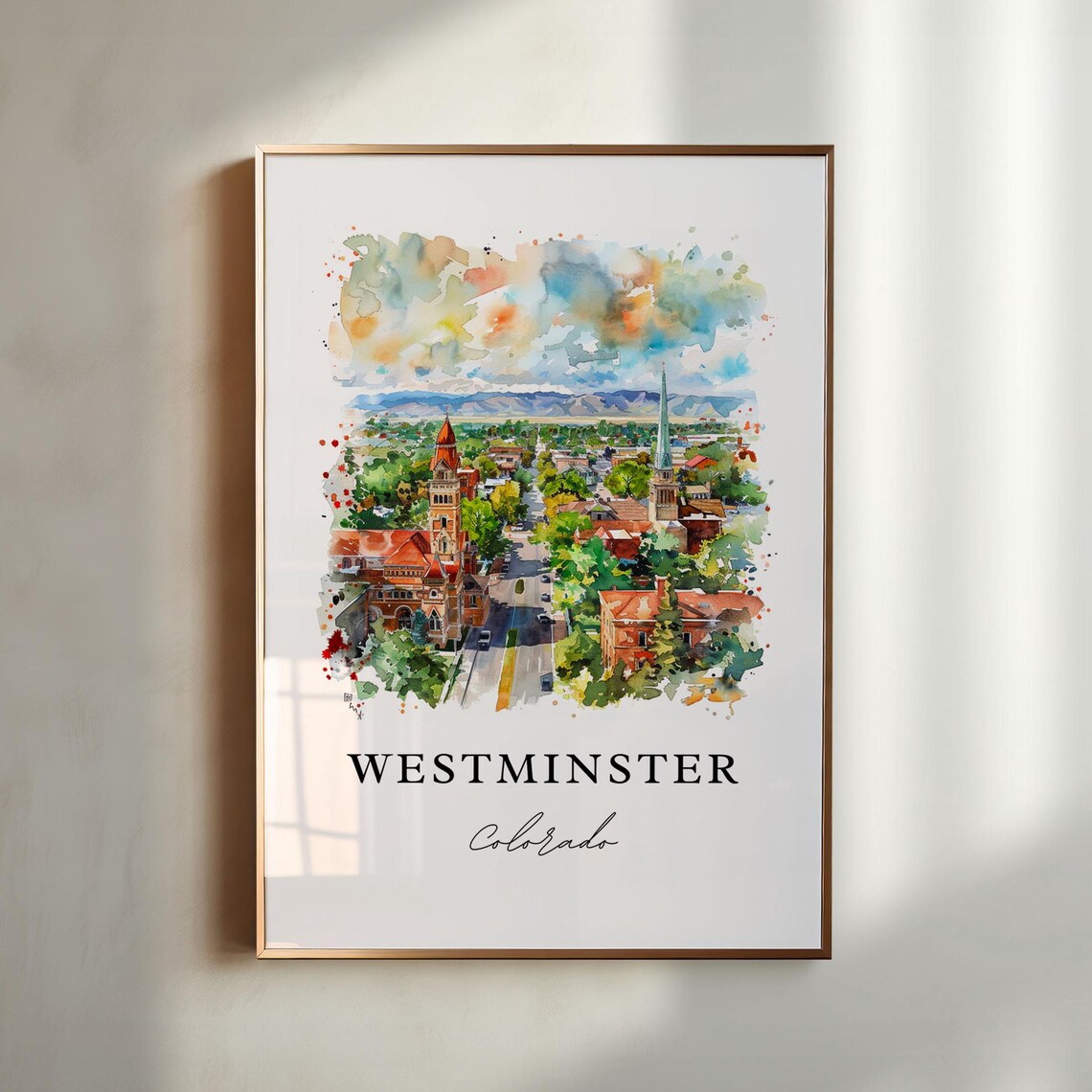 Westminster Colorado Mountain Town Street Watercolor Travel Poster