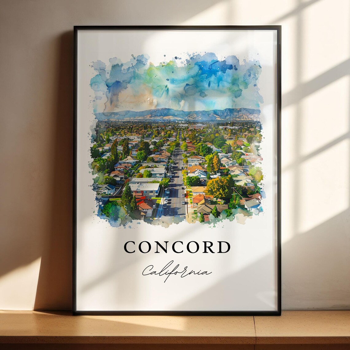 Concord California Watercolor Suburb Aerial Hills View Poster - Image 4