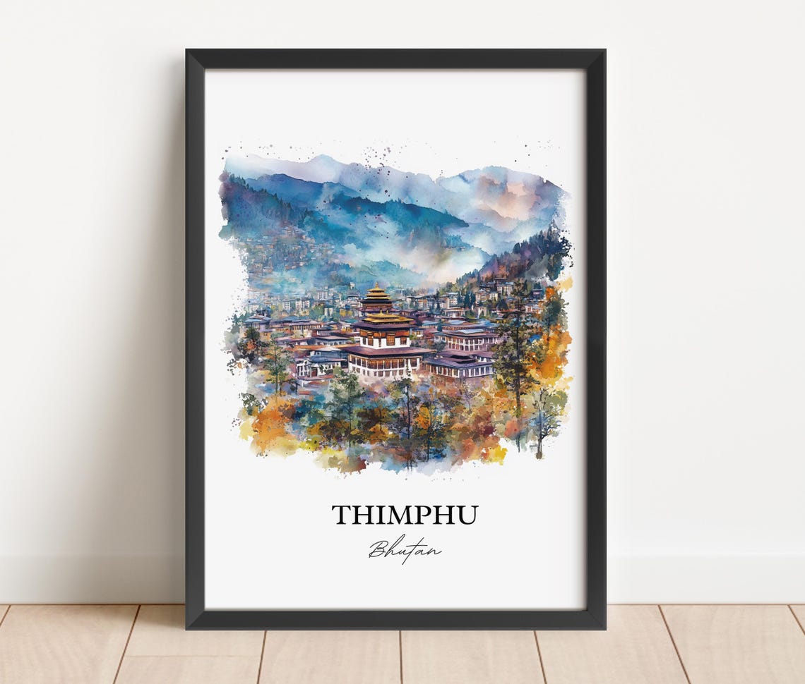 Thimphu Bhutan Watercolor Capital City Valley Dzong View Poster - Image 2