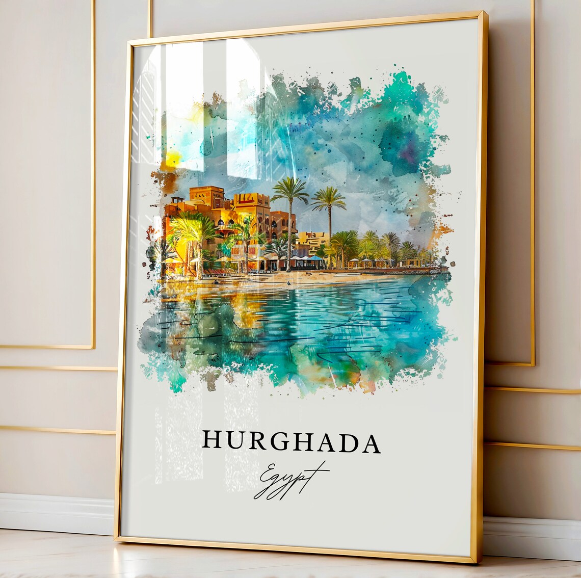 Hurghada Egypt Red Sea Resort Palms Watercolor Beach Travel Poster - Image 4