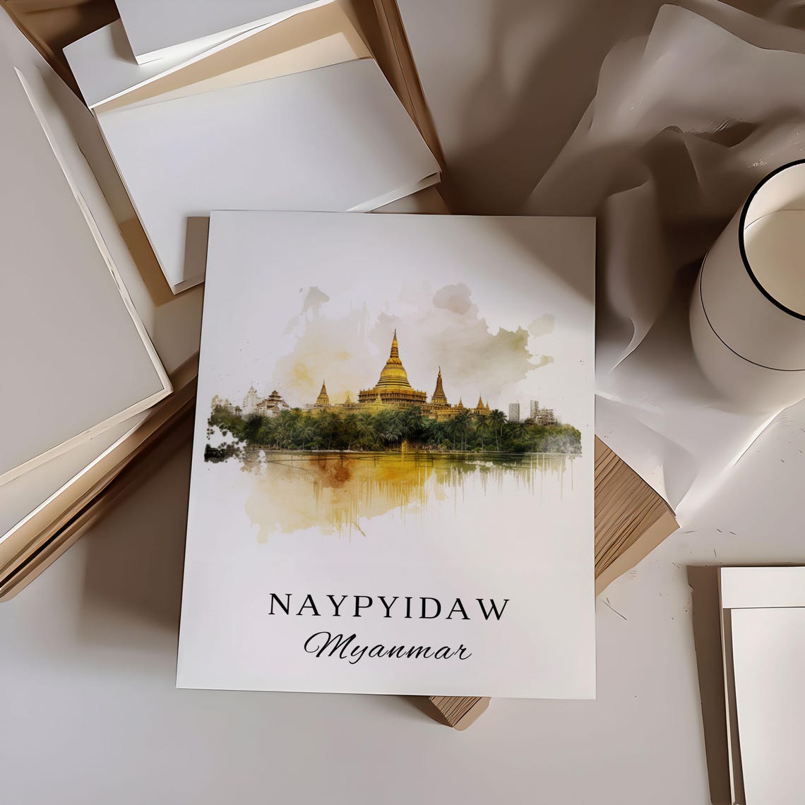 Naypyidaw Myanmar Watercolor Golden Pagoda Reflection Poster - Image 6