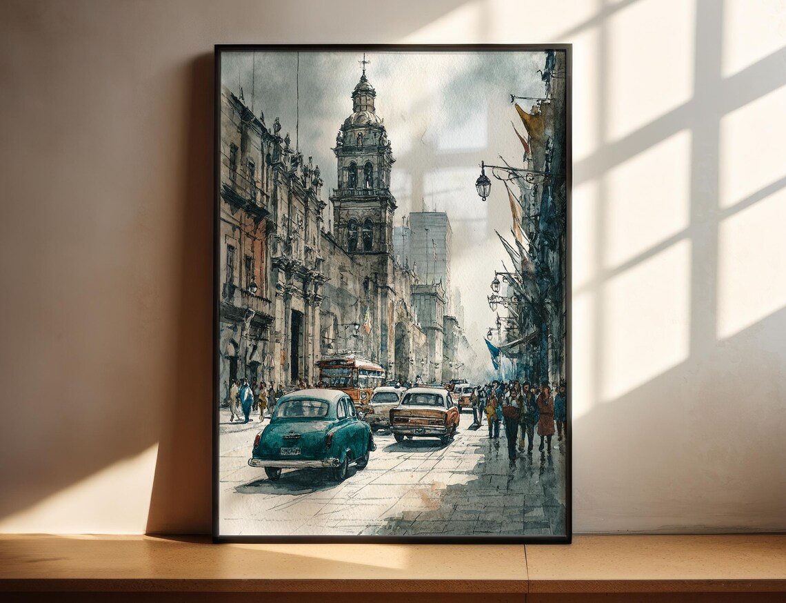 Historic Latin Old Town Street With Cathedral Tower Watercolor Poster