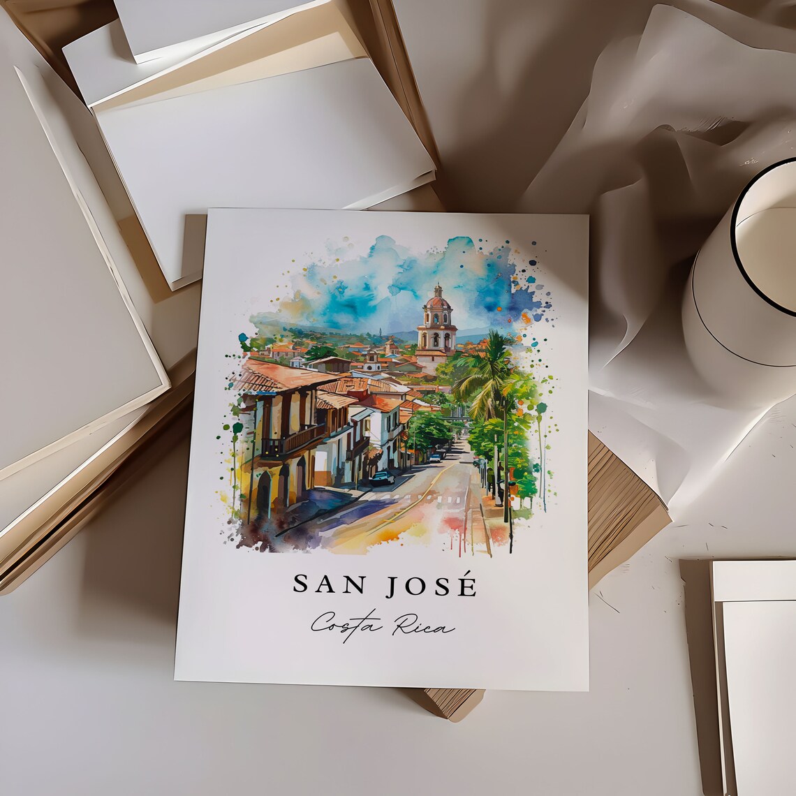 San Jose Costa Rica Watercolor Colonial Street Church Tower Poster - Image 6
