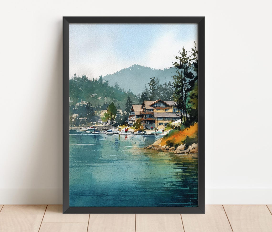 Lake Arrowhead California Lakeside Cabins Pine Trees Watercolor Poster