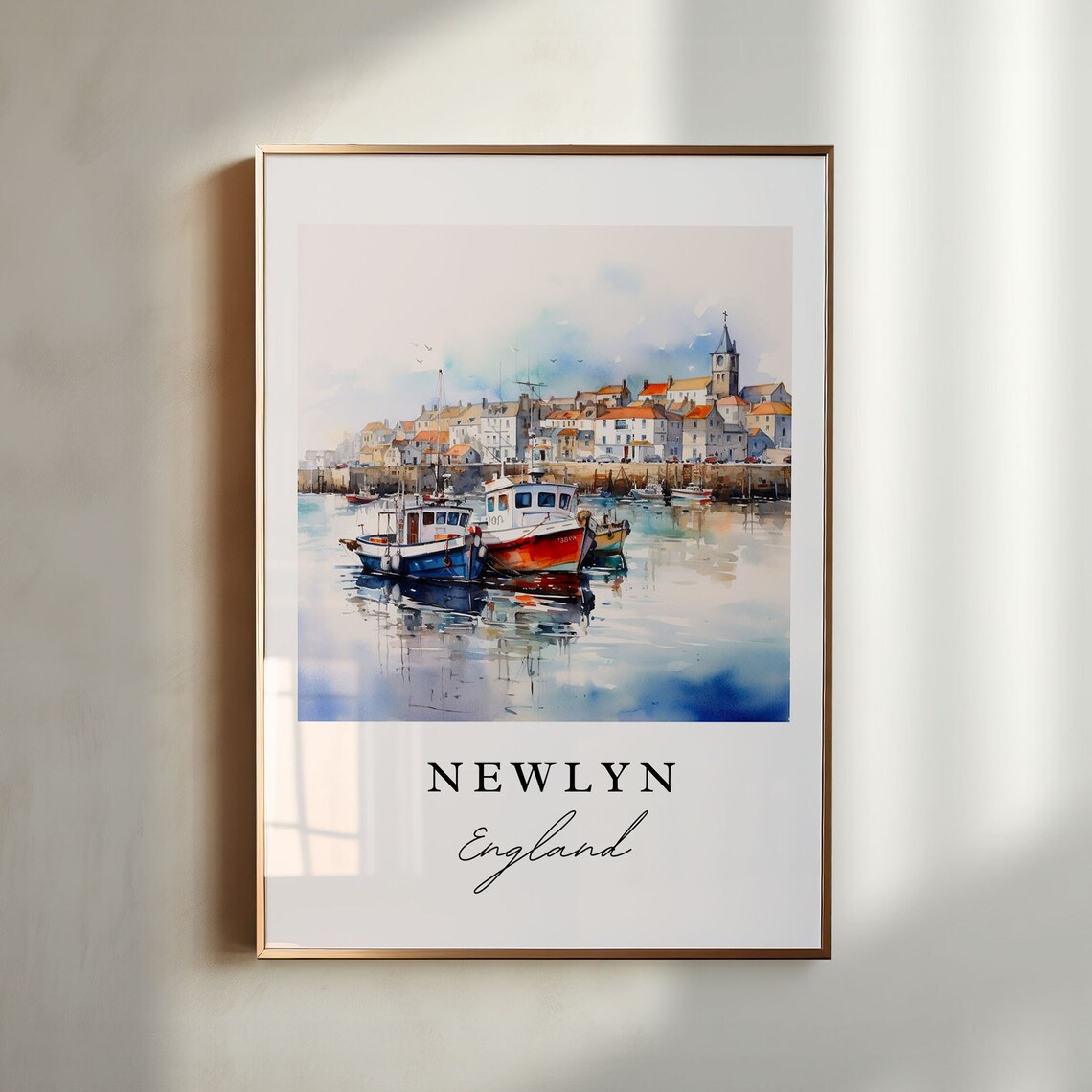 Newlyn England Watercolor Fishing Harbor Boats Travel Poster