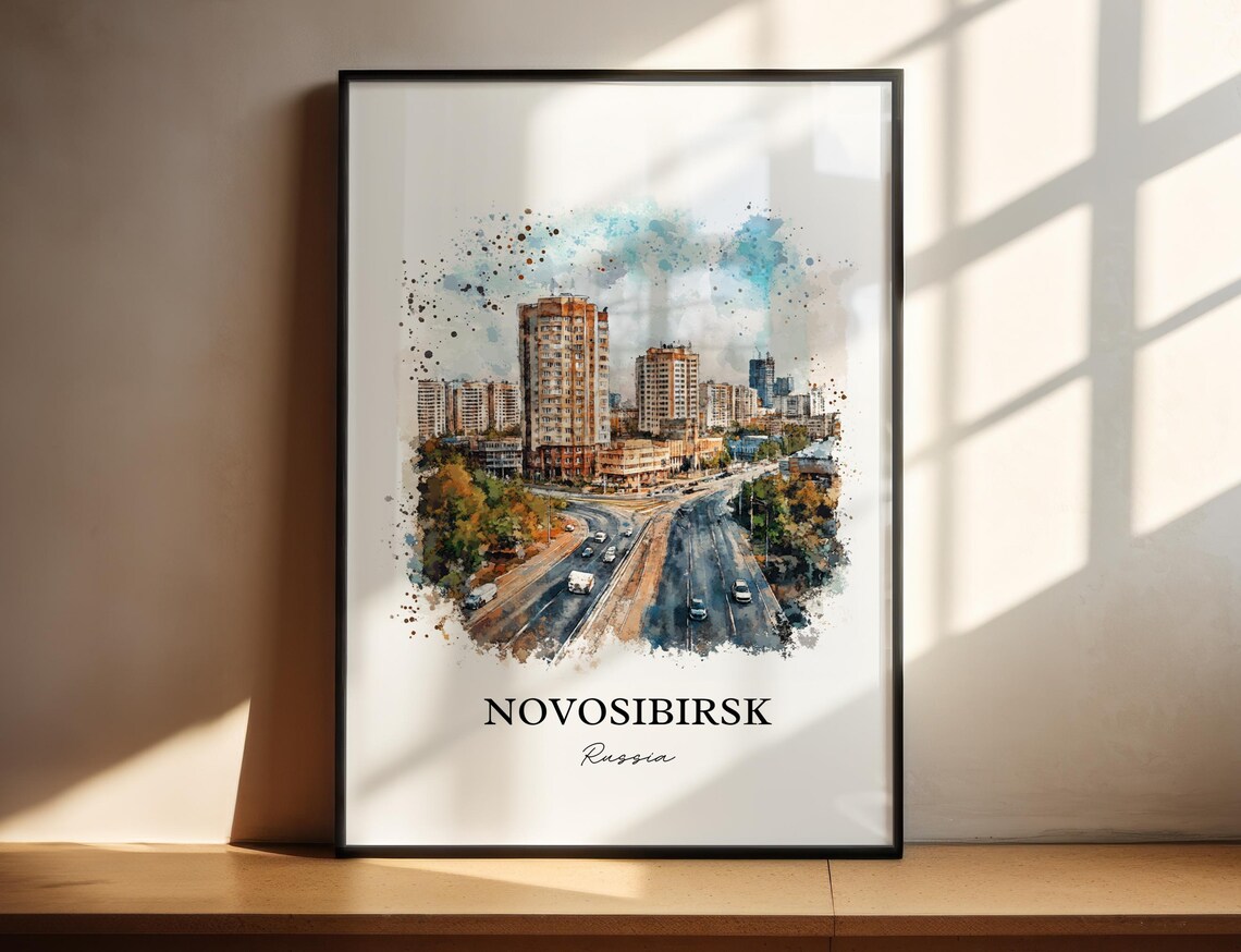 Novosibirsk Russia Modern City Skyline Watercolor Cityscape Poster