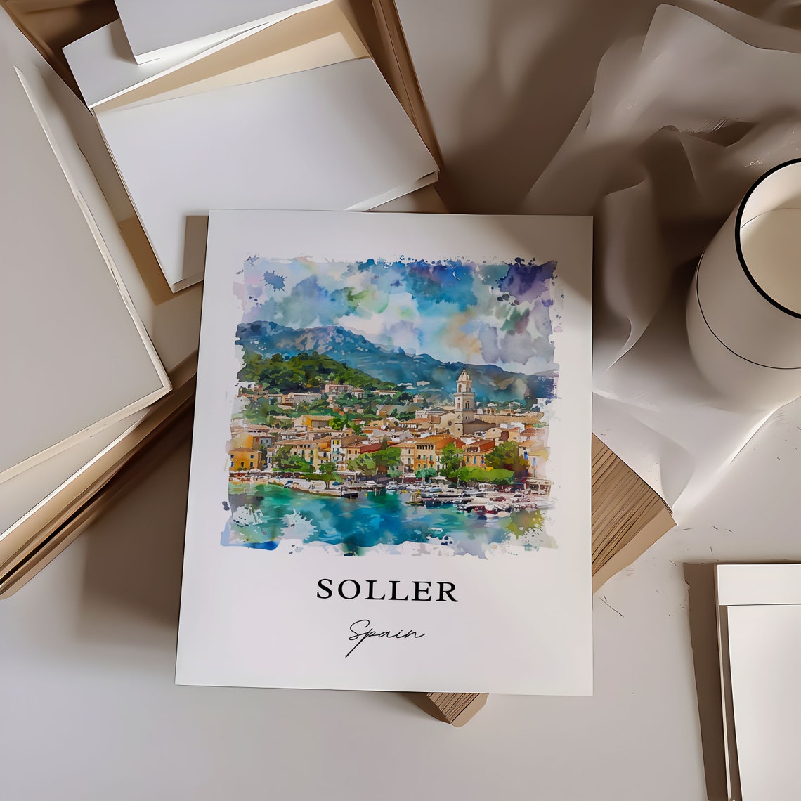 Soller Spain Mallorca Harbor Church Watercolor Travel Poster - Image 6