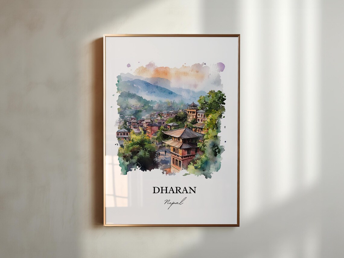Dharan Nepal Watercolor Green Hill Town Pagoda Travel Poster - Image 6