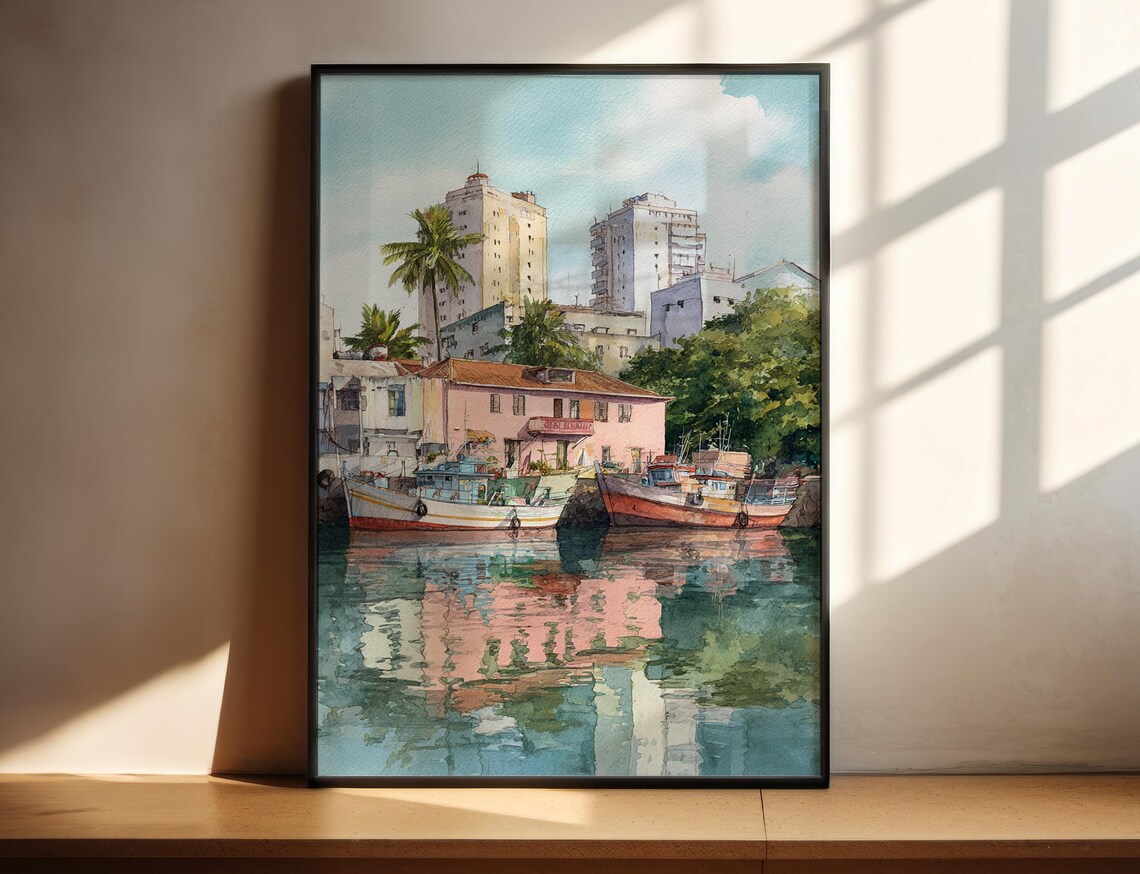 Tropical Harbor Watercolor Fishing Boats Pink Waterfront Building Poster
