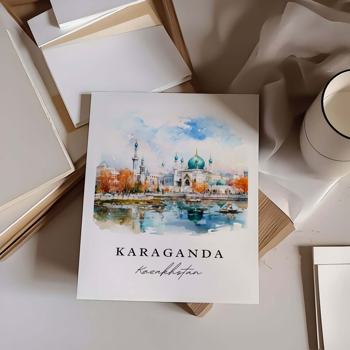 Karaganda Kazakhstan Watercolor Mosque Lakeside Reflection Poster - Image 6