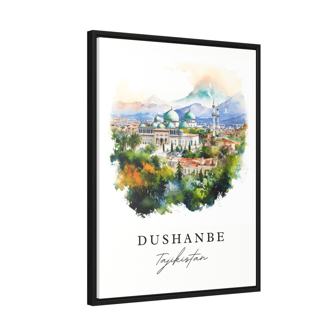 Dushanbe Tajikistan Watercolor Green Domed Mosque Mountain City Travel Poster - Image 2