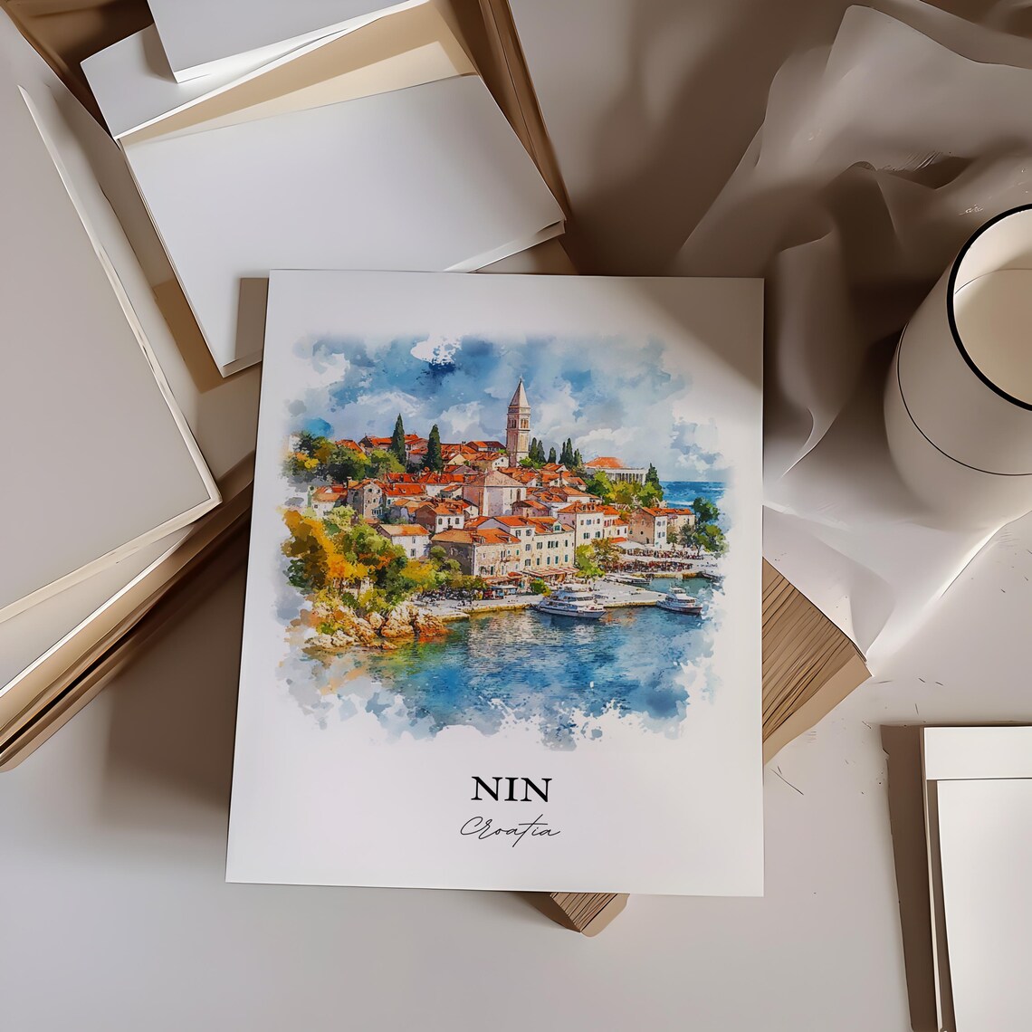 Nin Croatia Coastal Old Town Bell Tower Sea View Watercolor Poster - Image 3