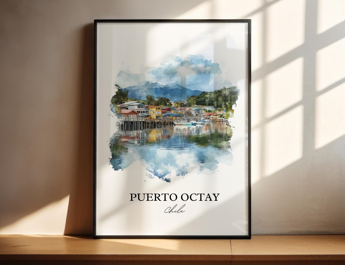 Puerto Octay Chile Watercolor Lakeside Village Boats Travel Poster