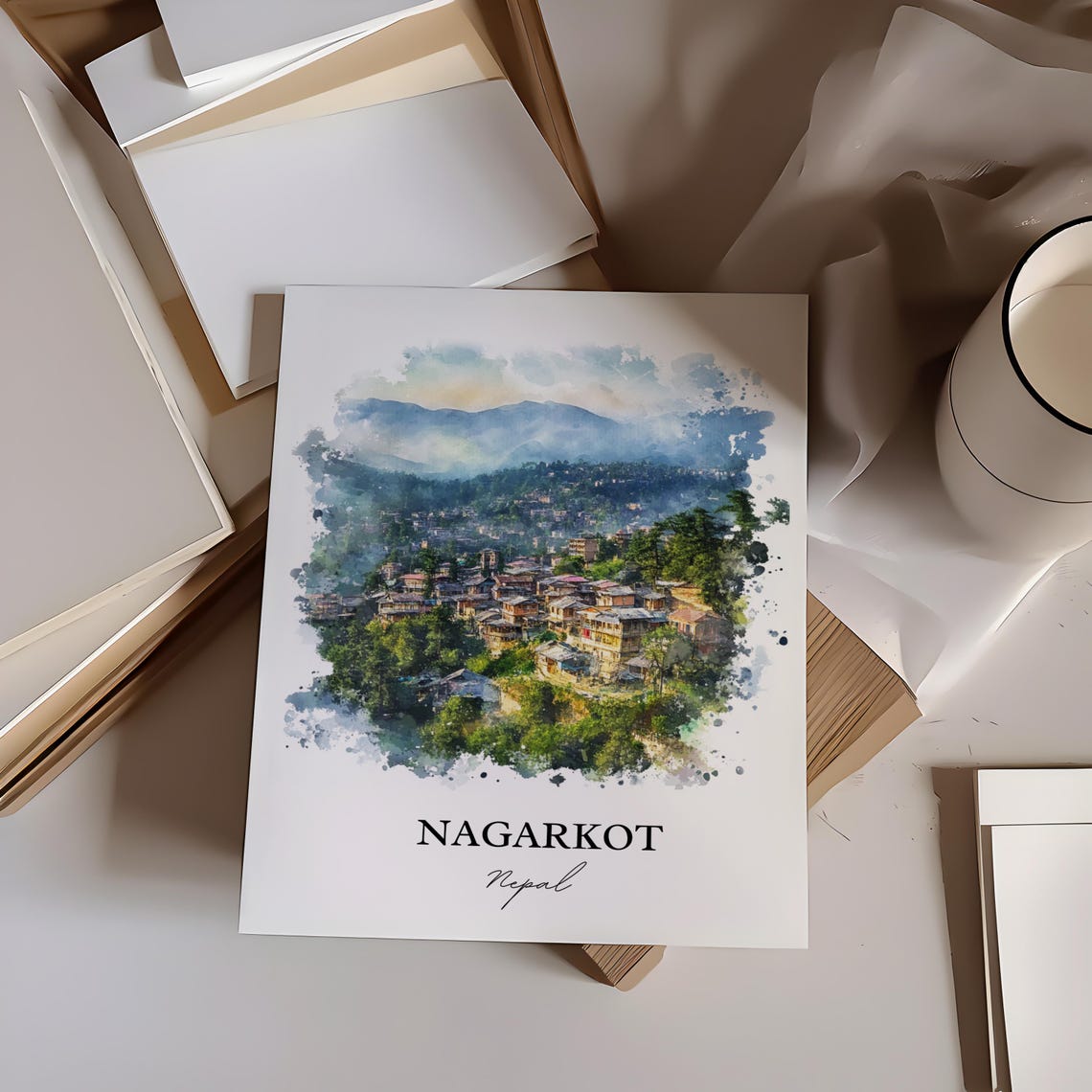 Nagarkot Nepal Watercolor Himalayan Hill Town Panorama Poster - Image 3