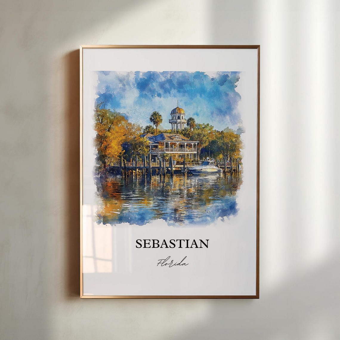 Sebastian Florida Riverfront Waterfront Boat Harbor Watercolor Poster