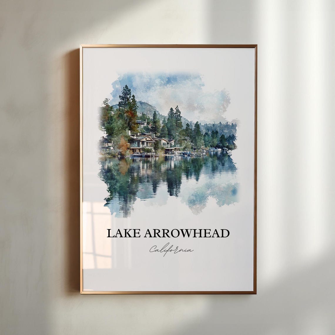 Lake Arrowhead California Lakeside Cabins Watercolor Travel Poster
