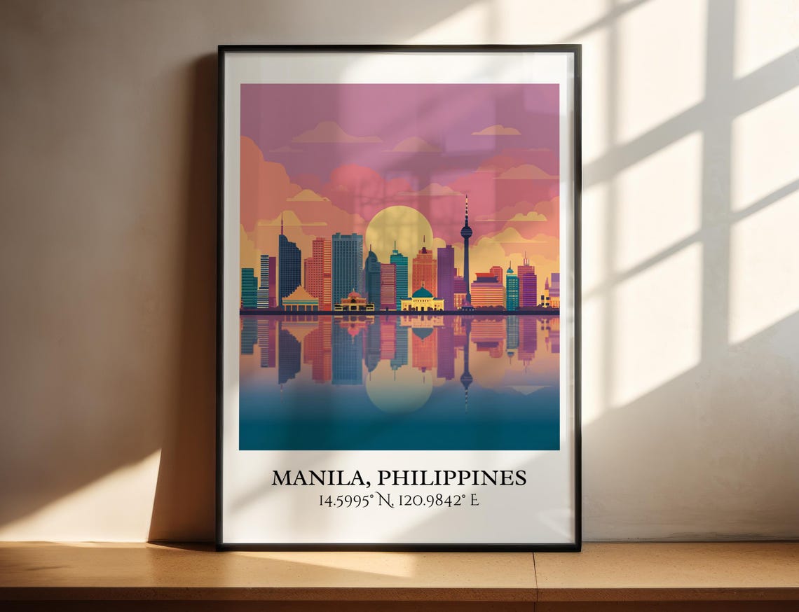 Manila Philippines Sunset Skyline Water Reflection Travel Poster