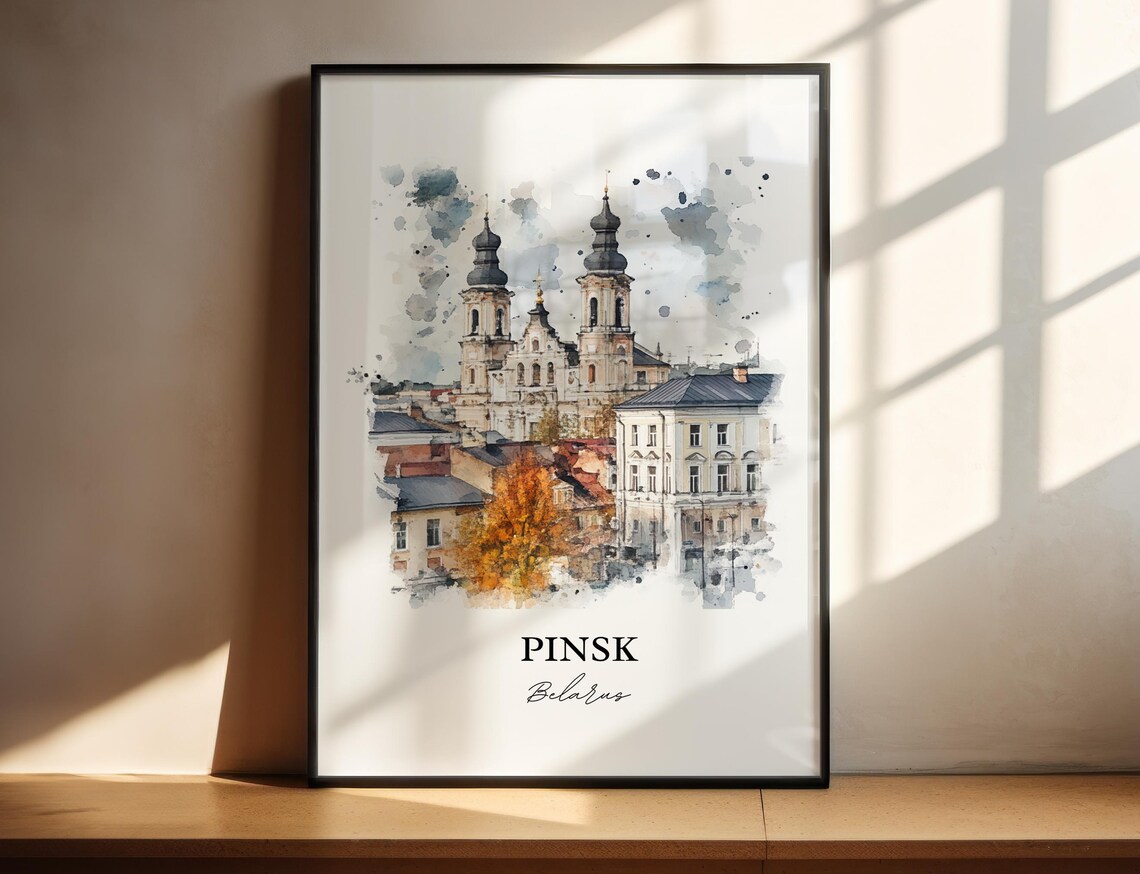Pinsk Belarus Twin Towered Cathedral Old Town Watercolor Poster