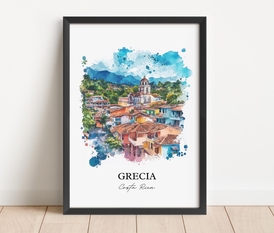 Grecia Costa Rica Watercolor Town Church Mountains Gift Poster - Image 2