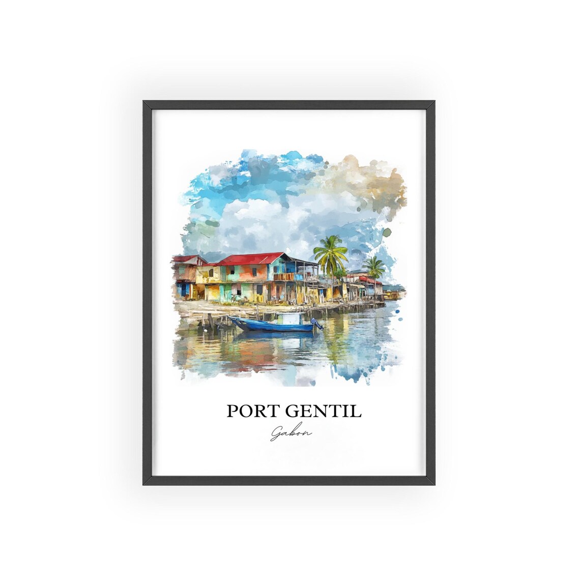 Port Gentil Gabon Waterfront Stilt Houses Watercolor Art Poster - Image 2