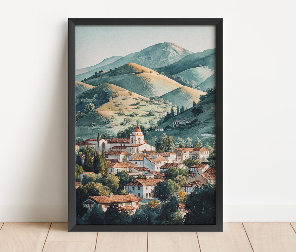 San Luis Obispo Mission Watercolor Hillside Town Central Coast Poster