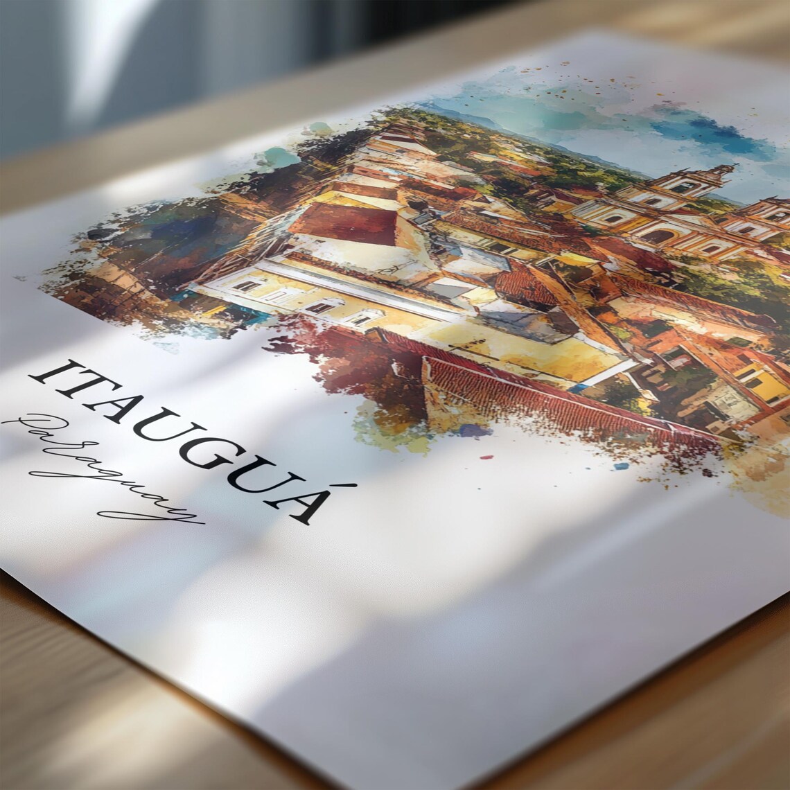 Itauguá Paraguay Watercolor Aerial Town Church Towers Poster - Image 7
