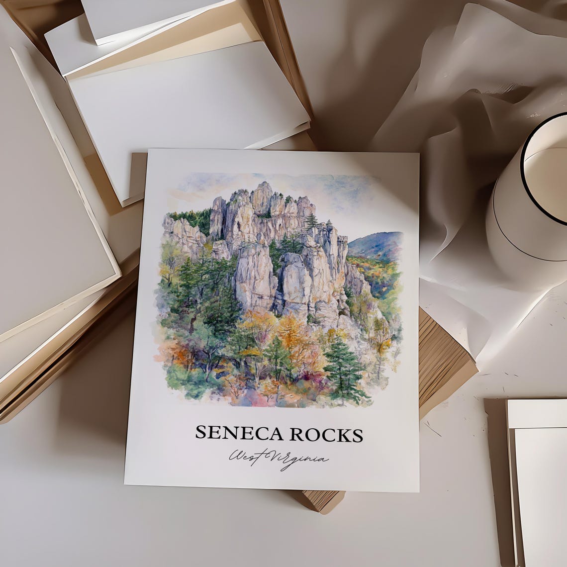 Seneca Rocks West Virginia Climbing Cliffs Watercolor Nature Poster - Image 3