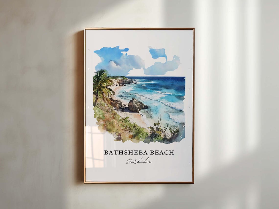 Bathsheba Beach Barbados Watercolor Atlantic Surf Rocks Palms Poster - Image 3