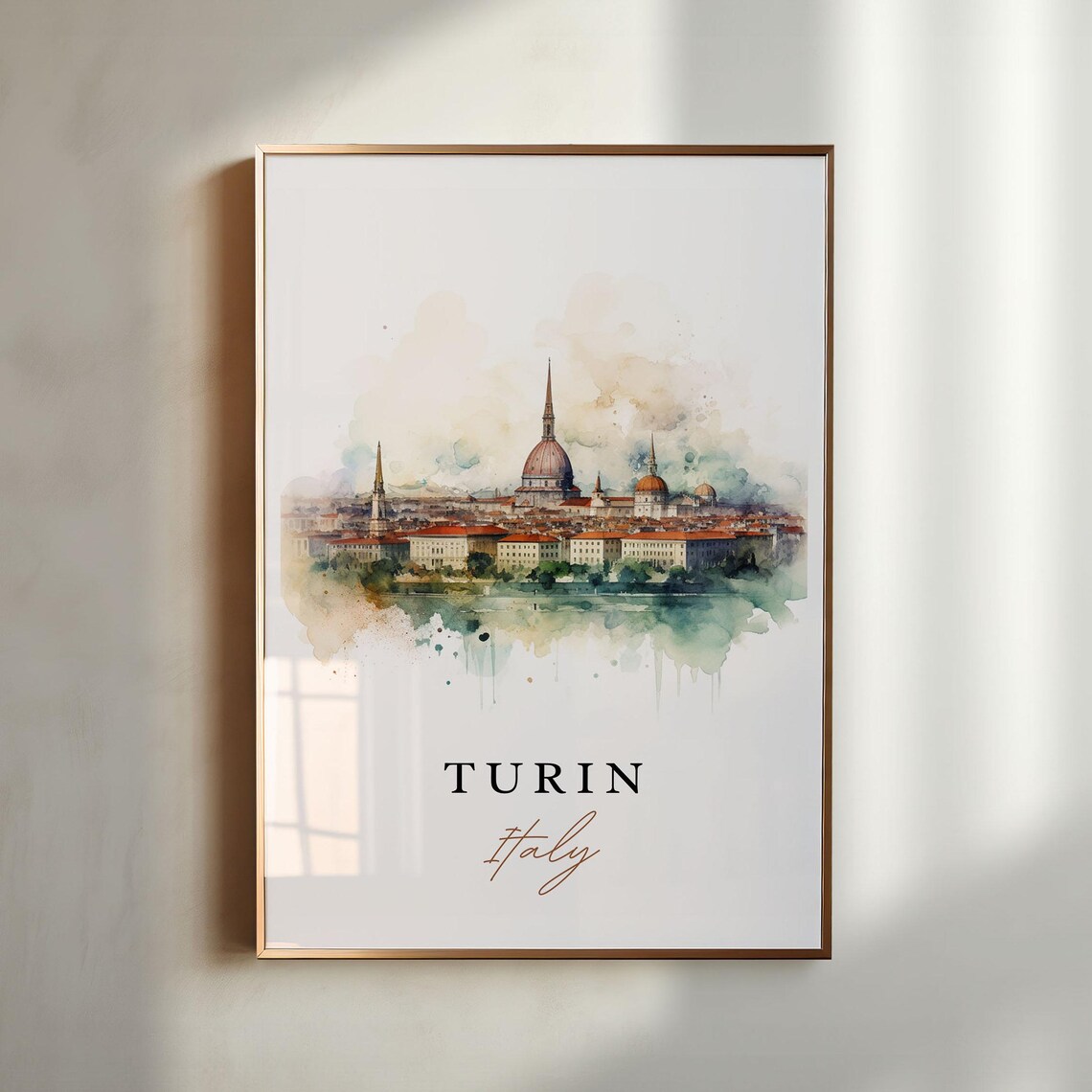 Turin Italy Historic City Skyline Domes Watercolor Travel Poster