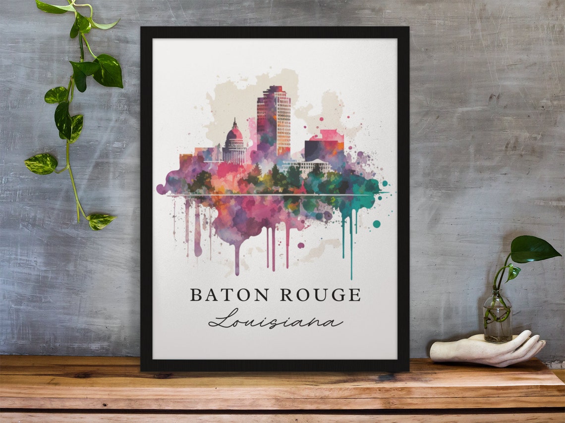 Baton Rouge Louisiana Colorful Skyline Watercolor Art Poster