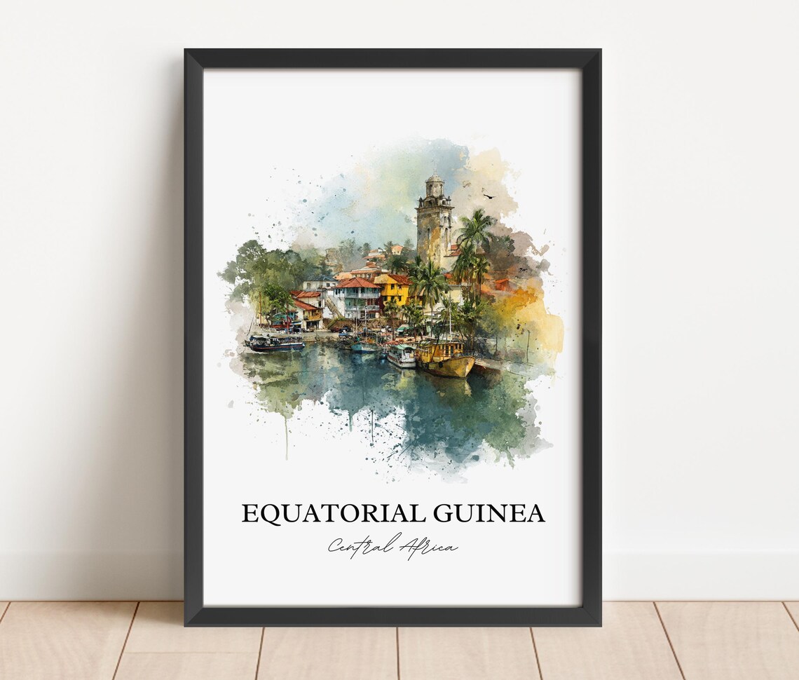 Equatorial Guinea Central Africa Harbor Watercolor Travel Poster - Image 4