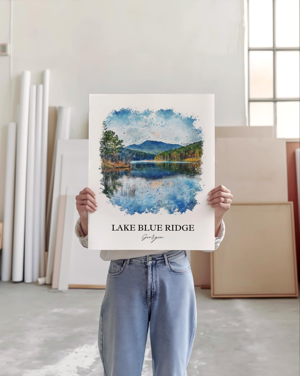 Lake Blue Ridge Georgia Mountain Lake Reflection Watercolor Poster - Image 4