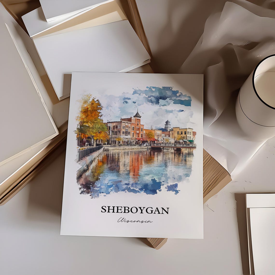 Sheboygan Wisconsin Watercolor Riverfront Downtown Autumn Trees Poster - Image 3