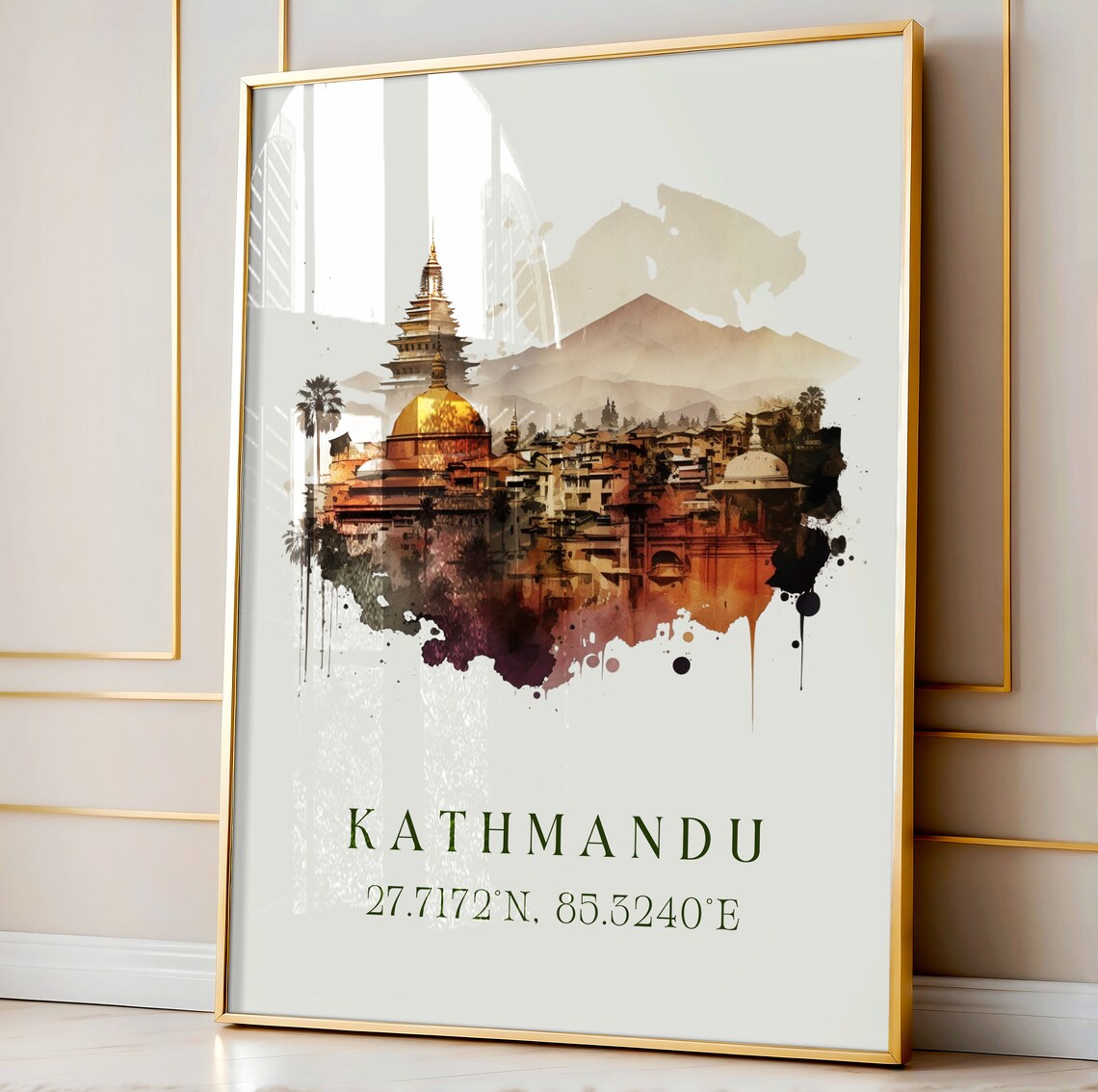 Kathmandu Nepal Temple Watercolor Travel Art Poster With Coordinates - Image 4