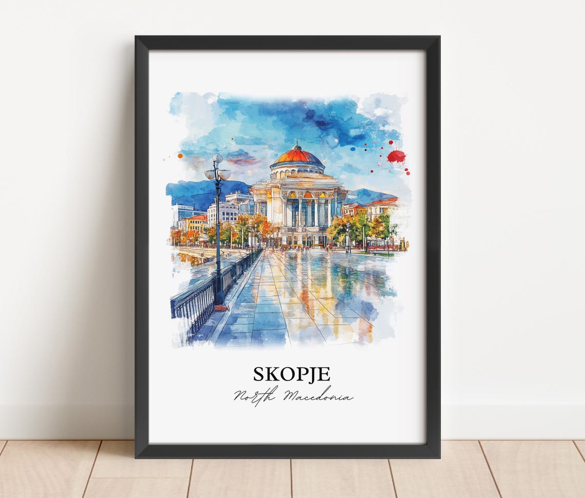 Skopje North Macedonia Watercolor Riverside Domed City Poster - Image 3