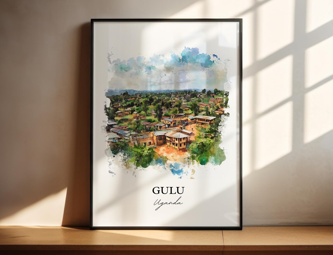 Gulu Uganda Aerial Town View Green Landscape Watercolor Poster