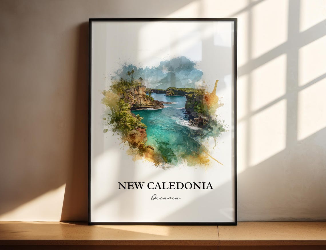 New Caledonia Oceania Turquoise Cove Cliffs Watercolor Poster