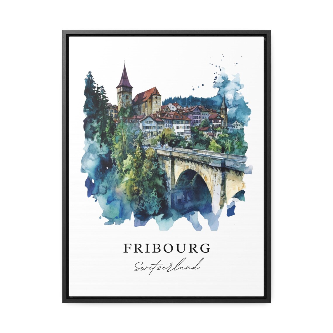 Fribourg Switzerland Old Town Bridge Watercolor Travel Poster - Image 2