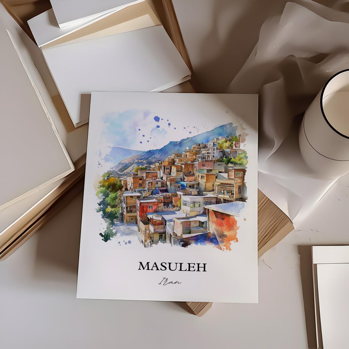 Masuleh Iran Watercolor Stepped Mountain Village Architecture Poster - Image 2