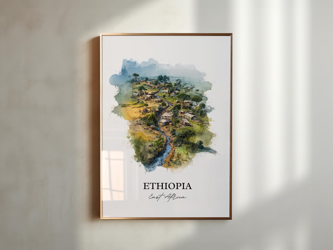 Ethiopia East Africa Highland River Village Watercolor Travel Poster - Image 5