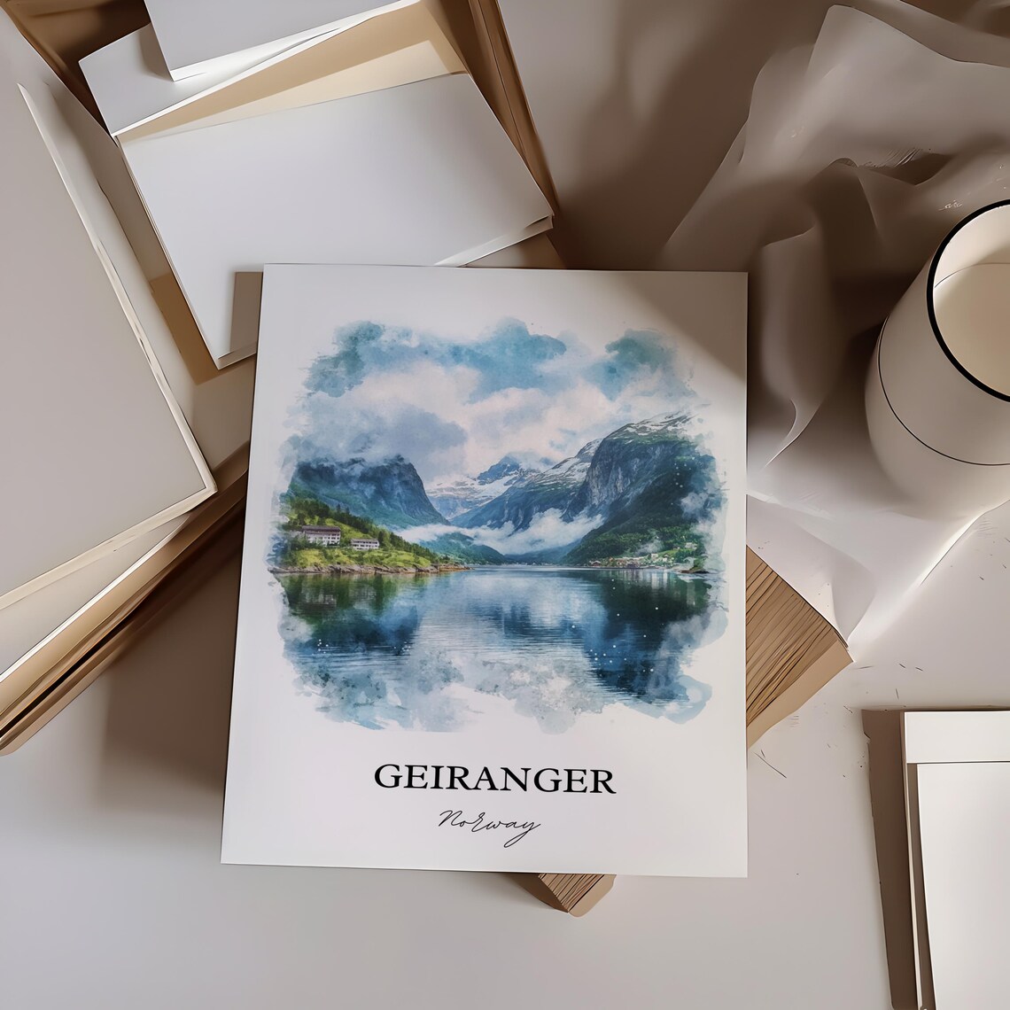 Geiranger Norway Watercolor Fjord Mountains Lake View Poster - Image 4