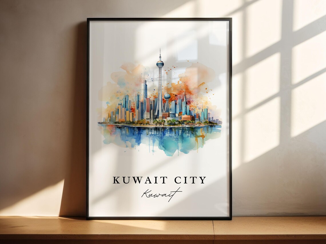 Kuwait City Kuwait Modern Skyline Tower Watercolor Travel Poster - Image 4