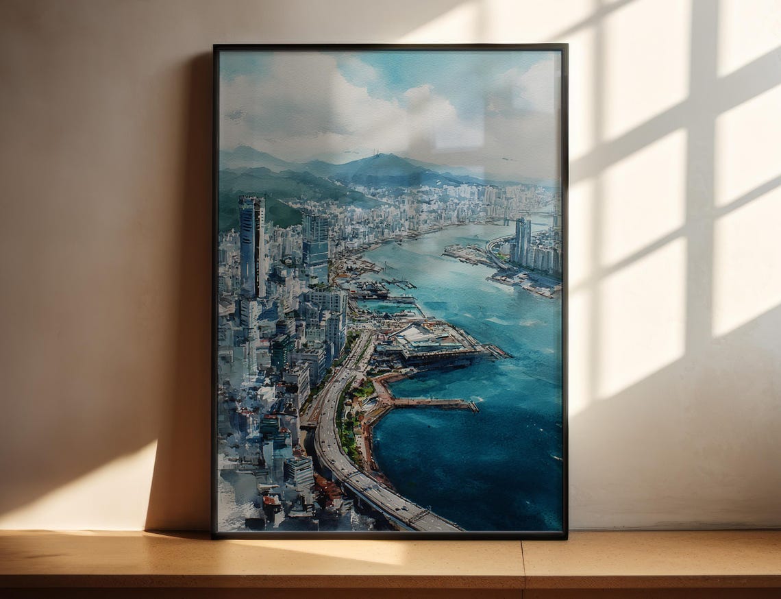 Busan Watercolor Art Travel Print South Korea Artwork Skyline Decor Wall