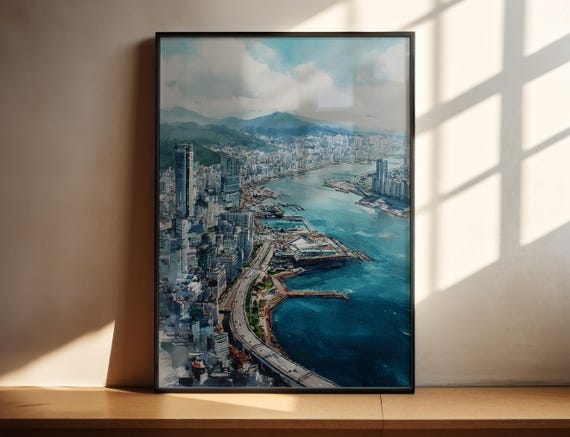 Busan Watercolor Art Travel Print South Korea Artwork Skyline Decor Wall
